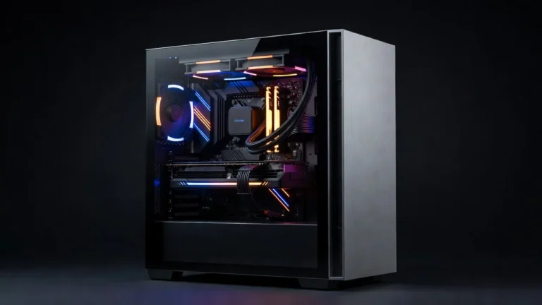 Gaming-PC mit farbenfroher RGB-Beleuchtung und sichtbaren Hochleistungskomponenten.