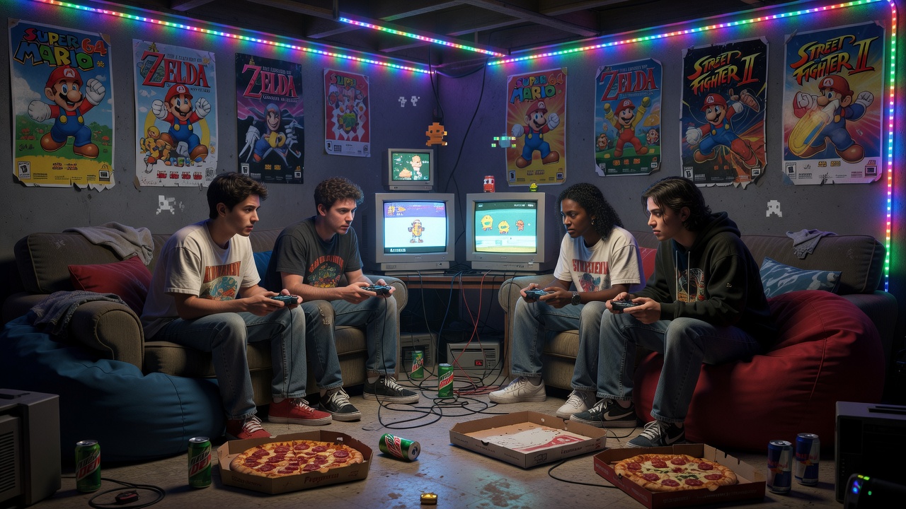 Nostalgische Retro-Gaming LAN-Party Szene mit Freunden