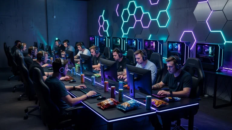 Mehrere Gamer mit Headsets an RGB-PCs in einem Neon-lit Gaming-Setup mit Hexagon-Wanddeko, Energy-Drinks und Snacks.