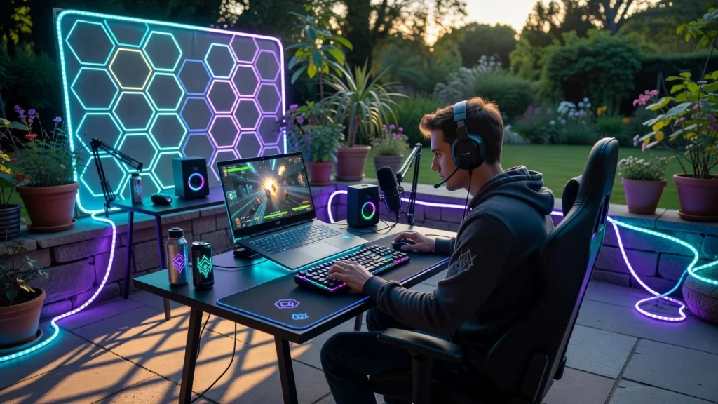 Gamer mit Headset spielt abends im Garten an RGB-beleuchtetem Setup mit Laptop, Tastatur und Hexagon-Leuchtpanel.