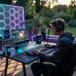 Gamer mit Headset spielt abends im Garten an RGB-beleuchtetem Setup mit Laptop, Tastatur und Hexagon-Leuchtpanel.