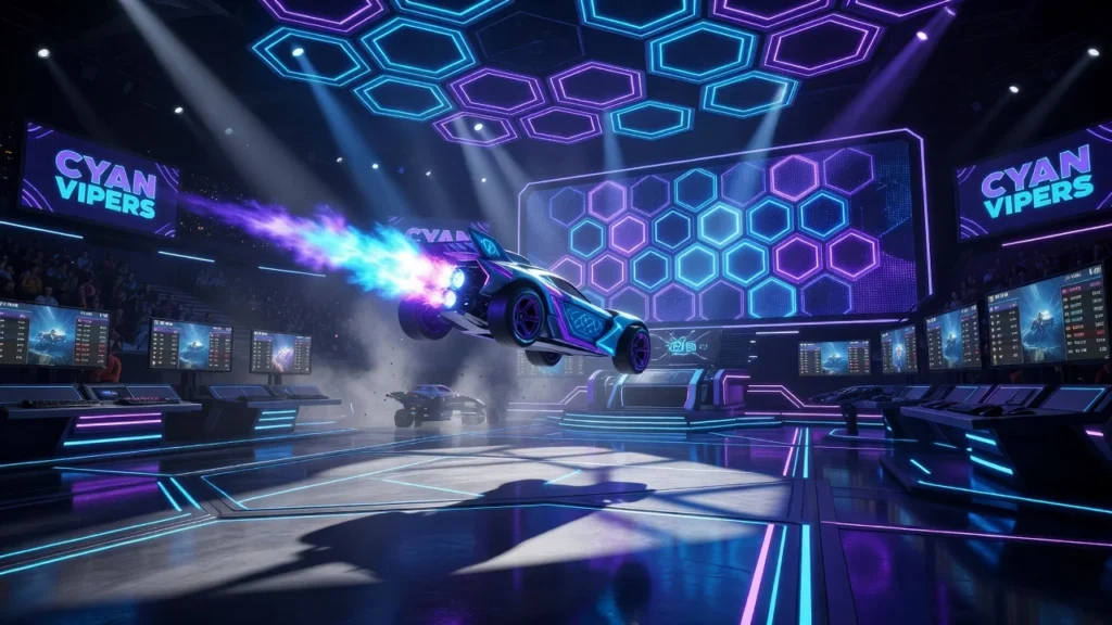 Schwebendes Neon-Rennauto in einer futuristischen Gaming-Arena.