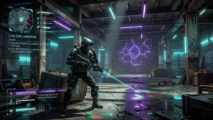 HEX_VANGUARD-Soldat in futuristischer Rüstung zielt mit Laserwaffe in neonbeleuchtetem Lagerhaus