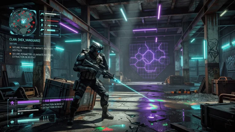 HEX_VANGUARD-Soldat in futuristischer Rüstung zielt mit Laserwaffe in neonbeleuchtetem Lagerhaus