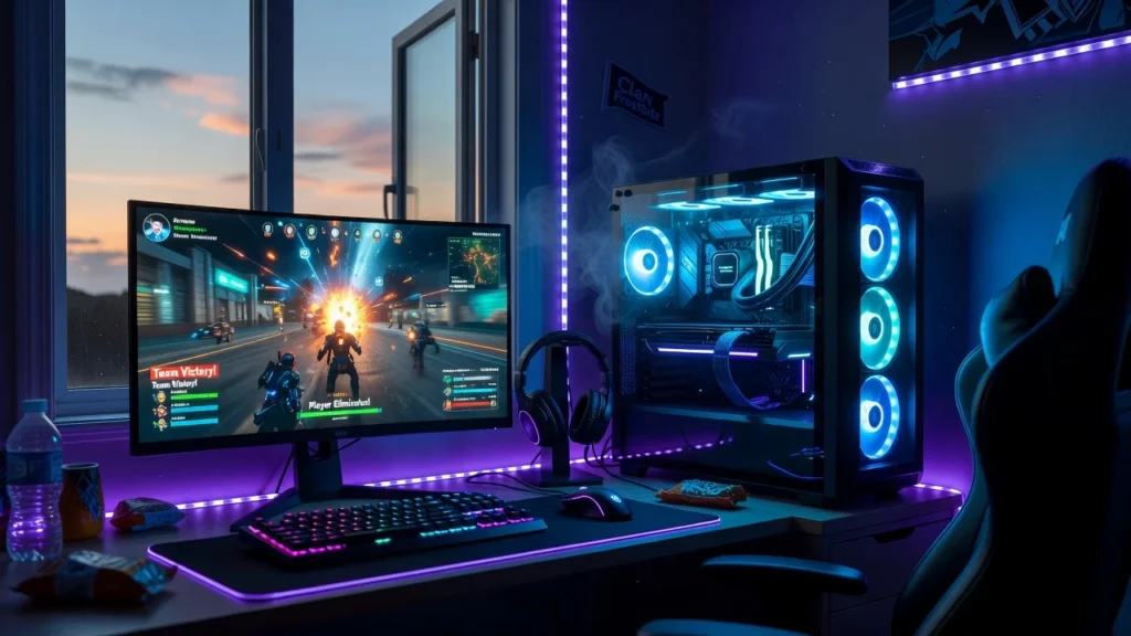 Gaming-Setup mit RGB-beleuchtetem PC-Tower, Monitor mit laufendem Shooter-Spiel und RGB-Tastatur bei Nacht