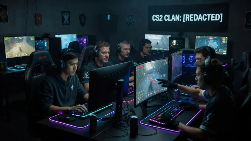 Fünf CS2-Spieler mit Headsets spielen gemeinsam in einem beleuchteten Gaming-Raum.