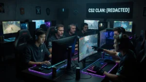 Fünf CS2-Spieler mit Headsets spielen gemeinsam in einem beleuchteten Gaming-Raum.