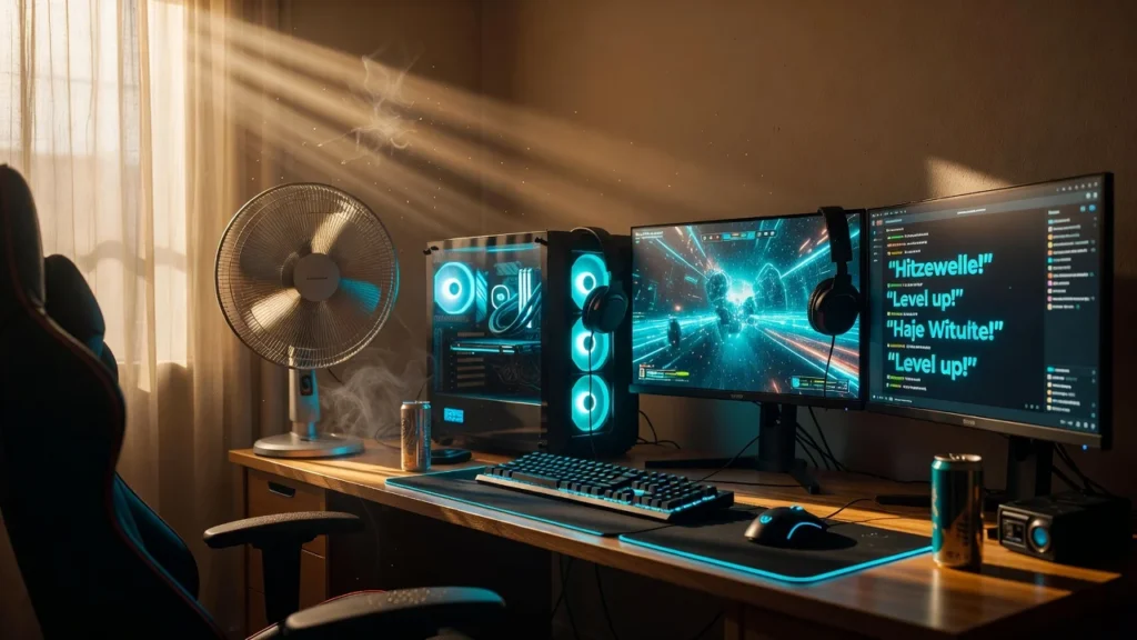Gaming-Setup mit zwei Monitoren, leuchtendem PC, Headsets und Chatfenster am Schreibtisch.