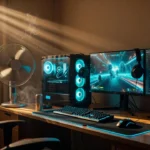 Gaming-Setup mit zwei Monitoren, leuchtendem PC, Headsets und Chatfenster am Schreibtisch.