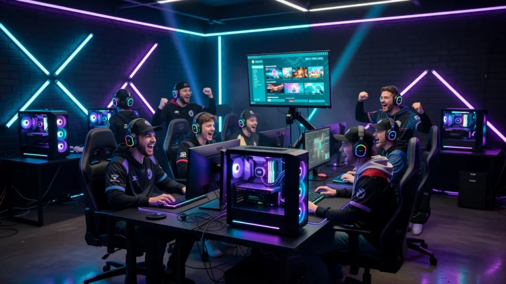 Jubelnde Gamer in Hoodies vor RGB-PCs in neonbeleuchtetem Raum.