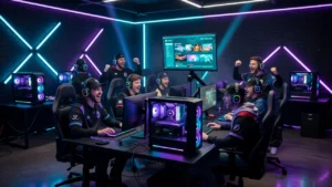 Jubelnde Gamer in Hoodies vor RGB-PCs in neonbeleuchtetem Raum.