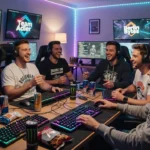 Fünf lachende Gamer mit Headsets an RGB-beleuchtetem Setup, umgeben von Monitoren und Energy-Drinks.