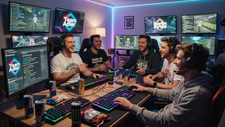 Fünf lachende Gamer mit Headsets an RGB-beleuchtetem Setup, umgeben von Monitoren und Energy-Drinks.