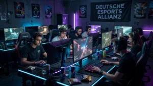 Gaming-Team bei einem Esports-Turnier an beleuchteten Computerplätzen
