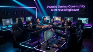 Lachende Gamer beim Team-Faustbump in neonbeleuchtetem Gamingraum mit Banner