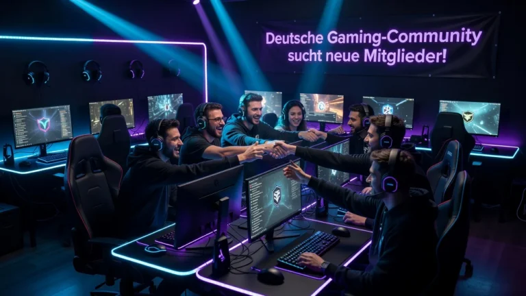 Lachende Gamer beim Team-Faustbump in neonbeleuchtetem Gamingraum mit Banner