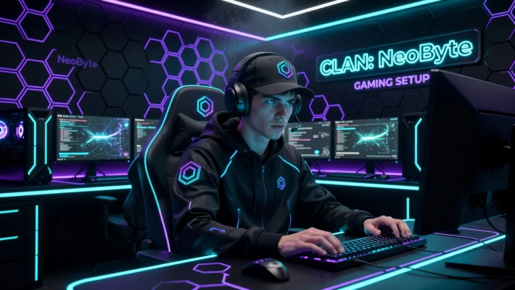 Gamer mit Headset am beleuchteten Gaming-PC im Neon-Setup des Clans NeoByte