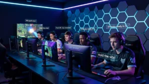 Gaming-Clan-Team mit Headsets beim gemeinsamen E-Sport-Match an beleuchteten PCs.