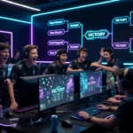 Jubelndes Esports-Team mit Headsets feiert Turniersieg vor Monitoren mit „VICTORY"-Screen im Neon-Gaming-Setup.