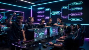 Jubelndes Esports-Team mit Headsets feiert Turniersieg vor Monitoren mit „VICTORY"-Screen im Neon-Gaming-Setup.