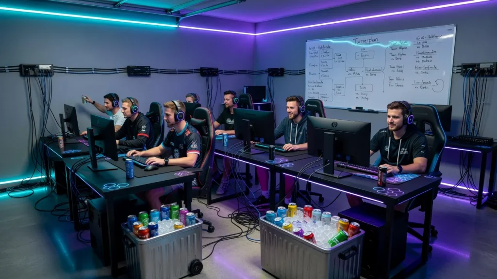 Gaming-Clan-Team beim gemeinsamen Computerspielen in neonbeleuchtetem Raum.