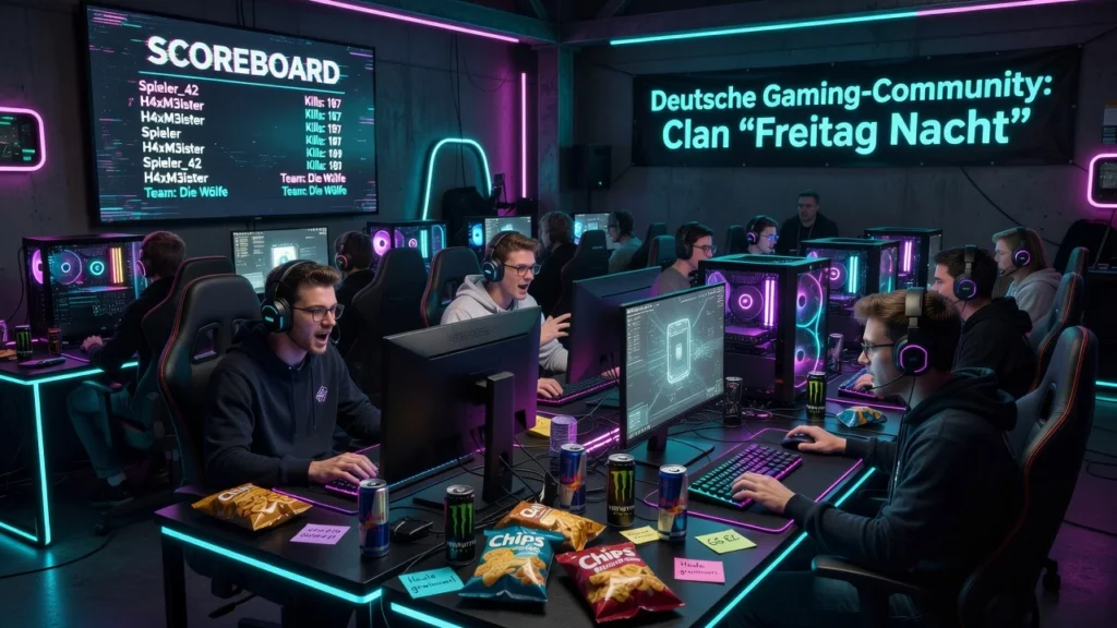 Clan-Mitglieder zocken nachts im Neon-Setup, Scoreboard läuft, Chips und Energy Drinks auf den Tischen.