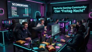 Clan-Mitglieder zocken nachts im Neon-Setup, Scoreboard läuft, Chips und Energy Drinks auf den Tischen.