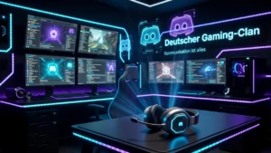 Gaming-Setup mit leuchtendem Headset, mehreren Monitoren und Discord-Logo des Deutschen Gaming-Clans.