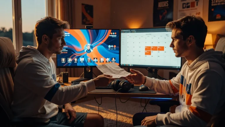 Durchblick-Clan-Mitglieder besprechen Urlaubsvertretung im Discord-Call mit Gaming-Setup im Hintergrund
