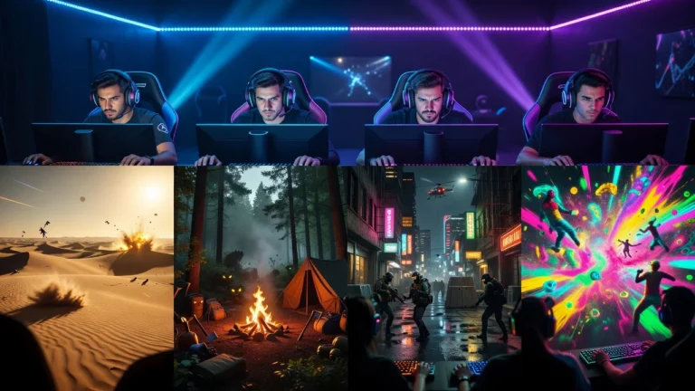 Gamer mit Headsets im Neonlicht, darunter Collage aus Wüste, Wald, Nachtstadt und Farbexplosion.