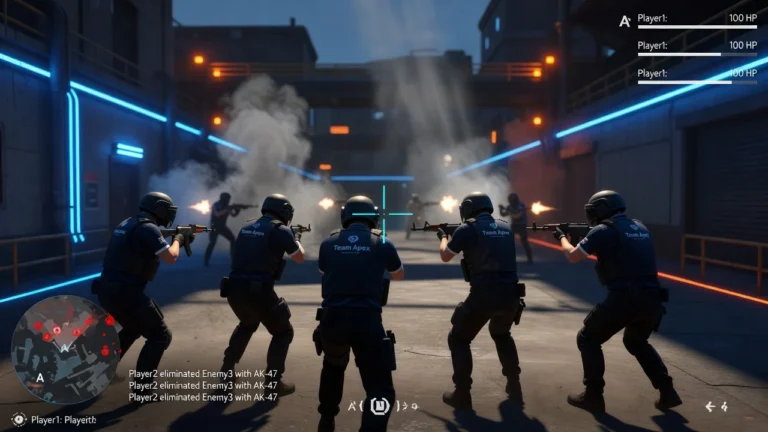 Fünf bewaffnete Team-Apex-Spieler kämpfen in einer futuristischen Neon-Stadtgasse.