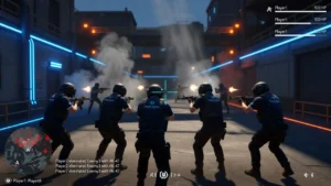 Fünf bewaffnete Team-Apex-Spieler kämpfen in einer futuristischen Neon-Stadtgasse.