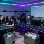 Gaming-Clan-Team beim gemeinsamen Computerspielen in neonbeleuchtetem Raum.