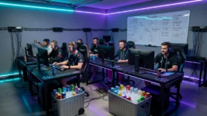 Gaming-Clan-Team beim gemeinsamen Computerspielen in neonbeleuchtetem Raum.