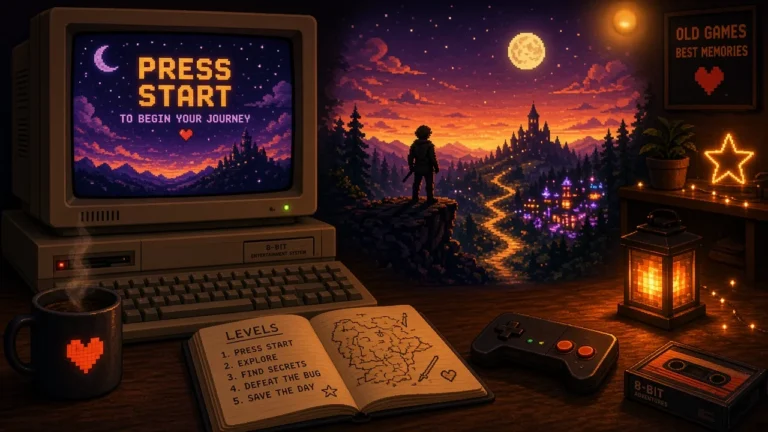 Pixel-Art-Gaming-Setup mit Retrocomputer, „Press Start“-Bildschirm, Controller und Fantasy-Landschaft.