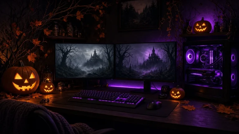 Düsteres Gaming-Setup mit zwei Monitoren, violetter Beleuchtung und geschnitzten Halloween-Kürbissen