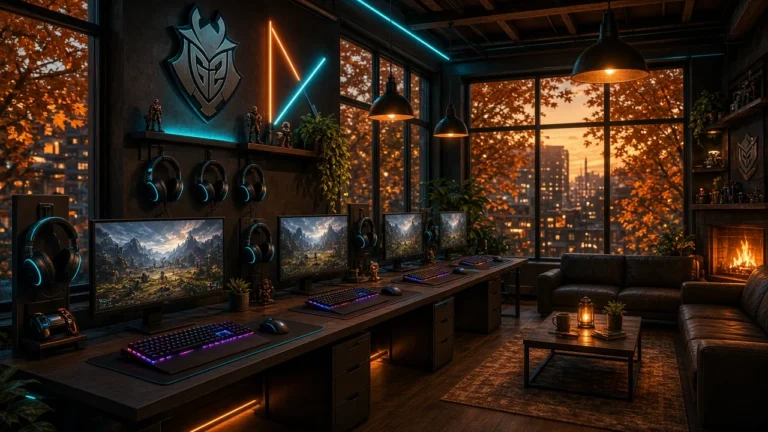 ```html alt="Gemütlicher Gaming-Raum mit mehreren PC-Setups, RGB-Beleuchtung, Sitzecke und herbstlichem Panoramafenster." ``` → skipped: Details wie G2-Logo, Kamin und Headsets, add when barrierefreier Langtext (z. B. via `aria-describedby`) benötigt wird.