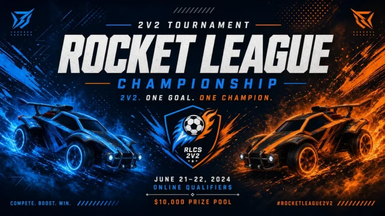 Rocket-League-2v2-Championship mit blauem und orangem Fahrzeug im Duell.