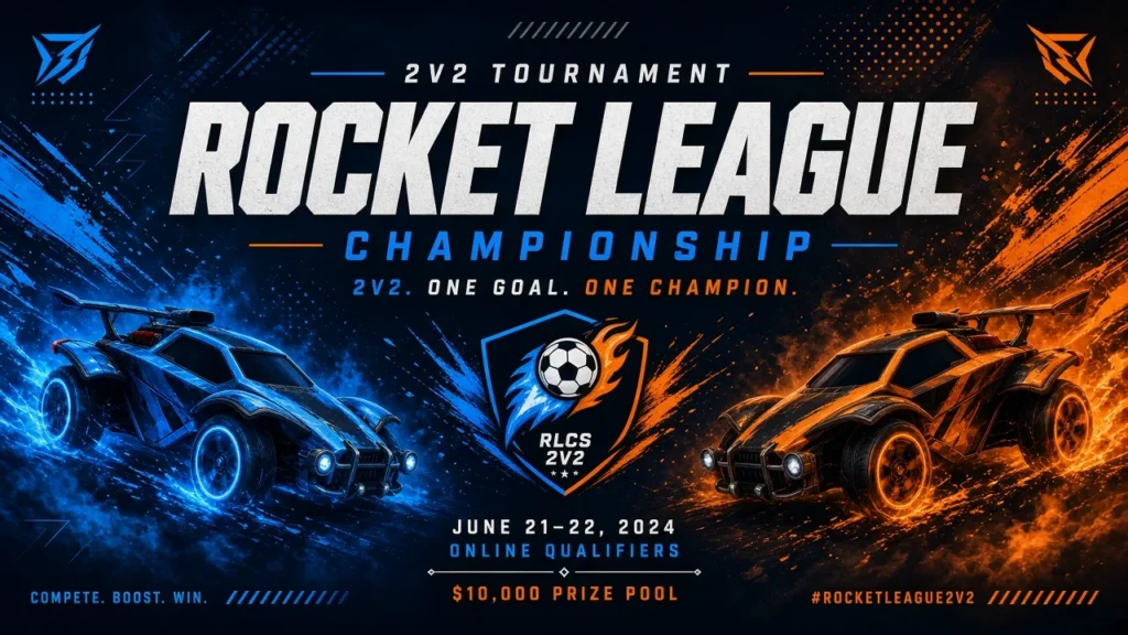 Rocket-League-2v2-Championship mit blauem und orangem Wagen, Fußball und Turnierankündigung.