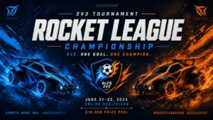 Rocket-League-2v2-Championship mit blauem und orangem Wagen, Fußball und Turnierankündigung.